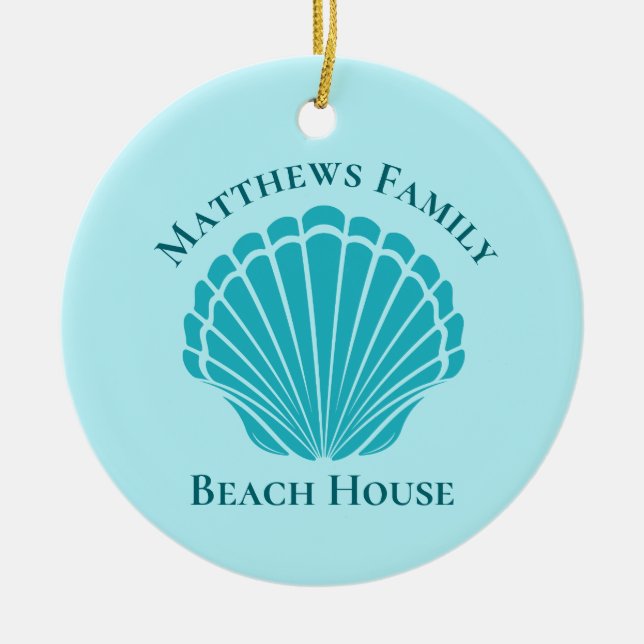 Custom Beach House Aqua Seashell Monogram Family Ceramic Tree Decoration (Front)