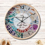 Custom Beach House  Clock<br><div class="desc">This beach house clock is decorated with a unique mosaic shell design. Easily customisable with your family name and date. Makes a perfect house warming gift. Use the Customise Further option to change the text size, style, or colour if you wish. Because we create our artwork you won't find this...</div>