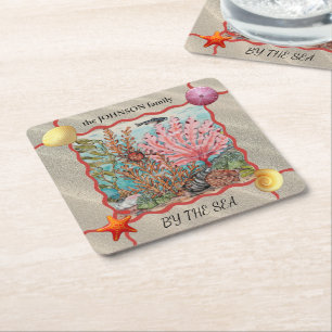Custom Beach House Ocean Coastal Coral Fish Crab S Square Paper Coaster