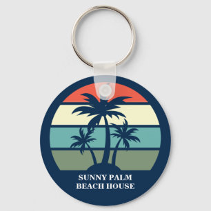 Custom Beach House Vacation Rental Blue Palm Tree Key Ring