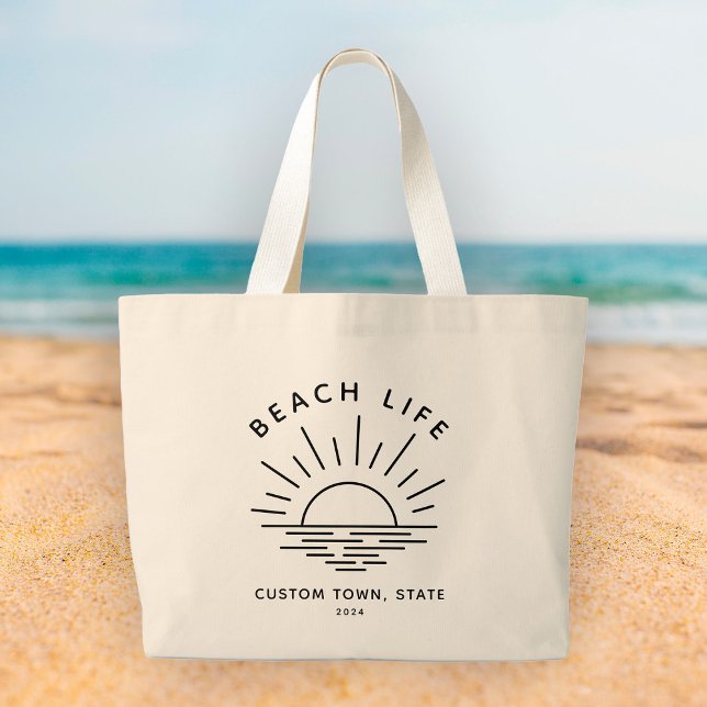 Custom Beach Life Sunset Minimalist Modern Boho Large Tote Bag (Creator Uploaded)