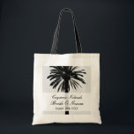 Custom beach palm destination wedding tote bags<br><div class="desc">Custom destination tropical beach wedding tote bag. Exotic seaside palm tree design with your unique location text. Personalised monogrammed totes. Elegant palmtree design with stylish script typography for name or monogram of bride and groom plus date of marriage and location. Customisable background colour. Make one for bride, bridesmaids, maid of...</div>