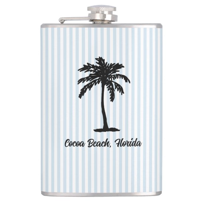 Custom Beach Palm Tree Nautical Blue Stripe Hip Flask (Front)