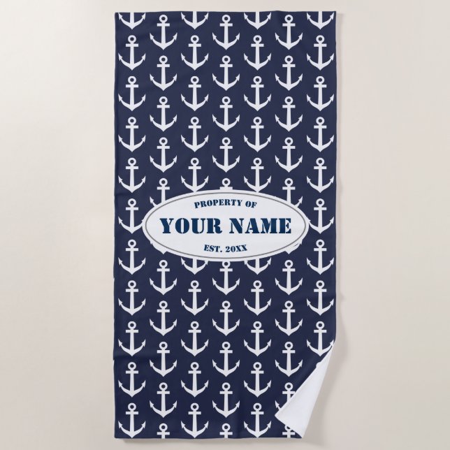 Custom beach towel with nautical anchor pattern (Front)