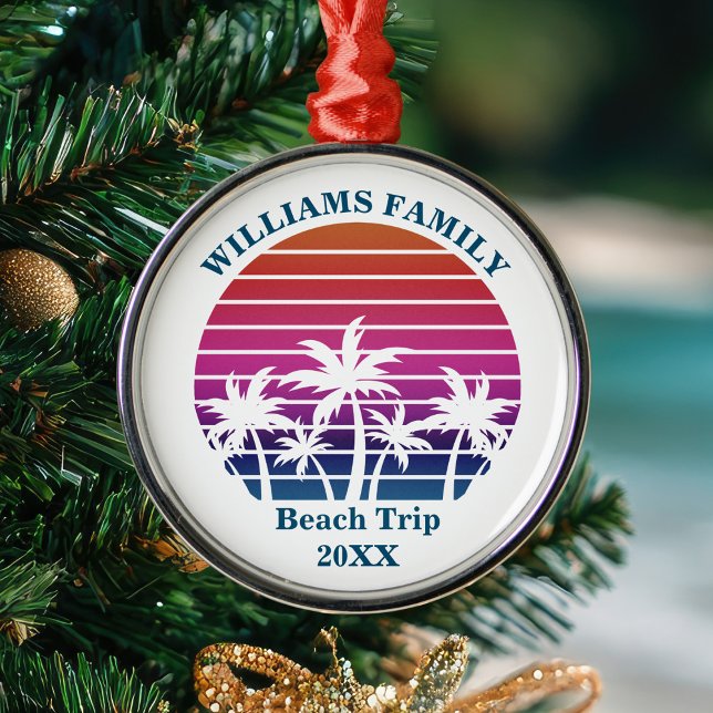 Custom Beach Trip Keepsake Pink Palm Tree Sunset Metal Tree Decoration (Creator Uploaded)