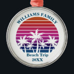 Custom Beach Trip Keepsake Pink Palm Tree Sunset Metal Tree Decoration<br><div class="desc">Cool custom beach sunset keepsake ornament for a destination wedding or family trip to an island. Cute personalised bridal party presents or family reunion gifts featuring a pretty pink background in front of beautiful palm trees.</div>