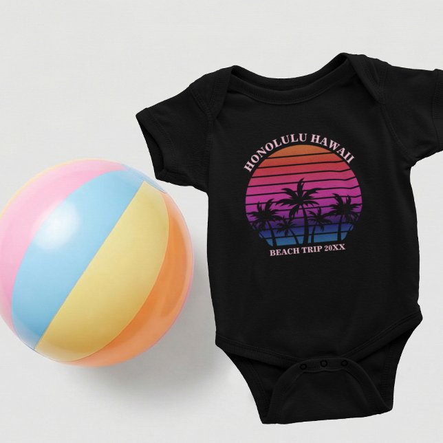 Custom Beach Trip Tropical Palm Trees Black Baby Bodysuit (Creator Uploaded)