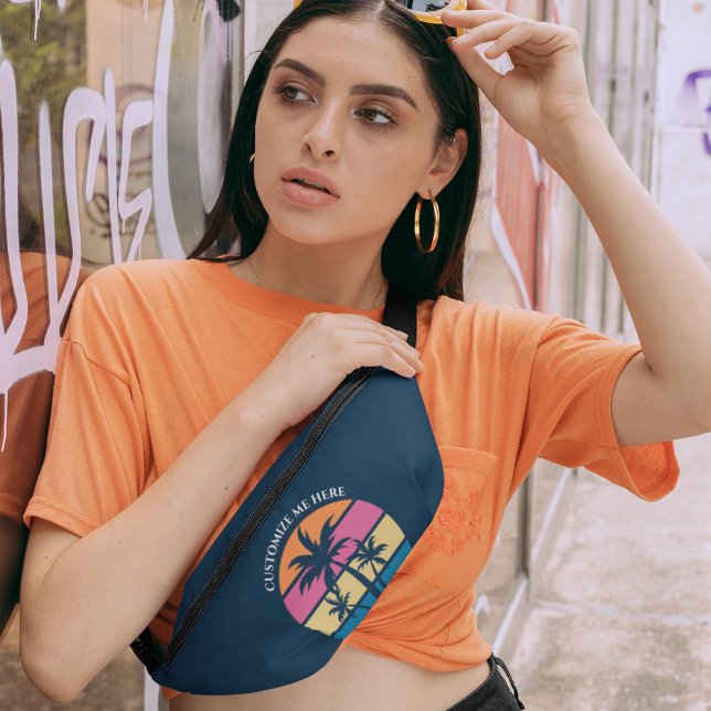 Custom Beach Vacation Cute Tropical Palm Tree Blue Bum Bags (Creator Uploaded)