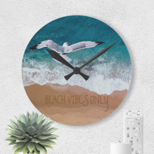 Custom Beach Vibes Only Seashore Coastal Seagull Round Clock