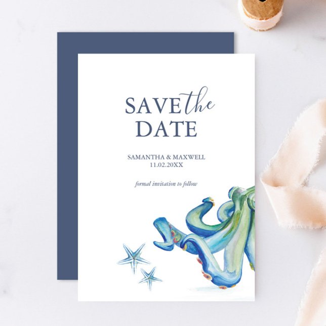 Custom Beach Wedding Announcements (Beach wedding save the date invitation card features unique watercolor art by Victoria Grigaliunas)