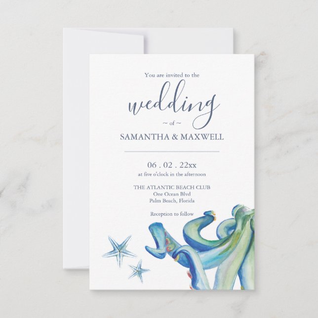 Custom Beach Wedding Invitation Cards Blue Octopus (Front)