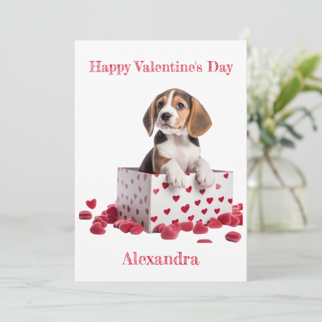 Custom Beagle in Box with Hearts Valentine Holiday Card (Standing Front)