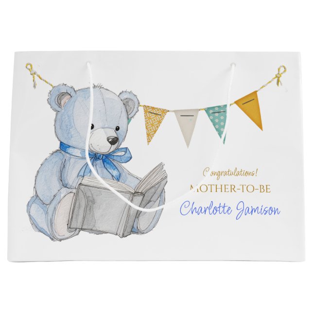 Custom Bear reading a book Baby Shower Large Gift Bag (Front)