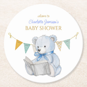 Custom Bear reading a book Baby Shower Round Paper Coaster