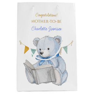 Custom Bear reading a book Thank you Baby Shower Medium Gift Bag