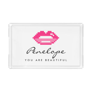 Custom beauty vanity tray with pink lip gloss icon
