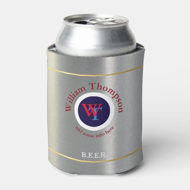 custom beer monogram (name & initials) on silver can cooler (Can Front)