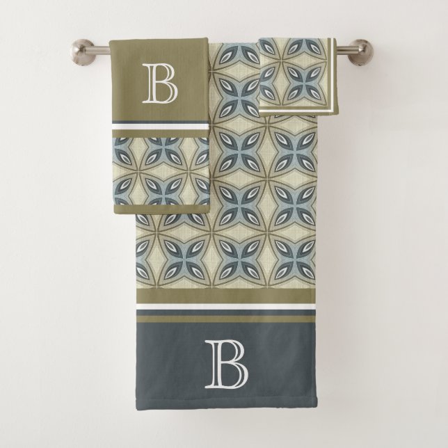 Custom Beige Brown Grey Blue Ornate Art Pattern Bath Towel Set (Insitu)