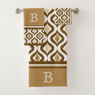 Custom Beige Brown White Retro Chic Ikat Ogee Bath Towel Set