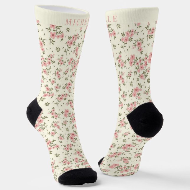 Custom Beige Floral Pink Flowers Pattern Socks (Angled)