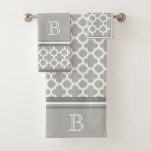 Custom Beige Grey White Retro Ikat Quatrefoil Art Bath Towel Set