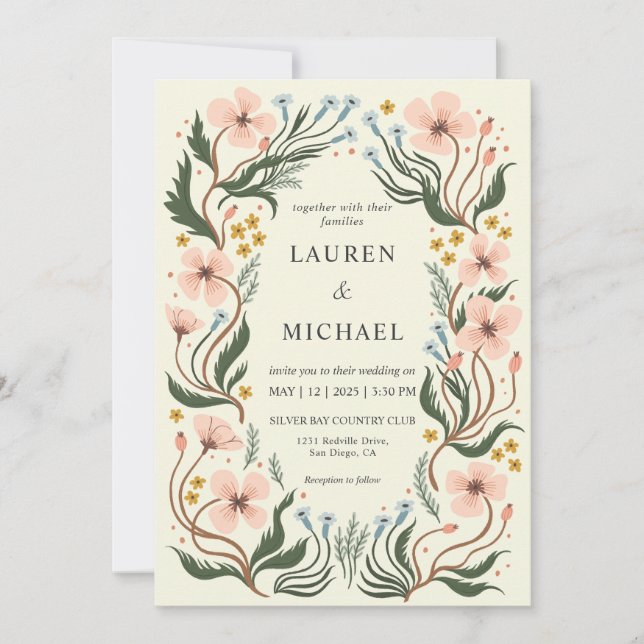 Custom Beige Pink Peach Wonderland Floral Wedding Invitation (Front)