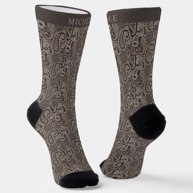 Custom Beige Tan Brown Grey Paisley Pattern  Socks (Angled)
