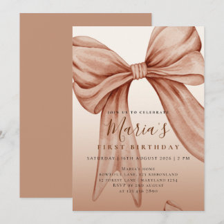 Custom Beige Watercolor Bow First Birthday Invitation