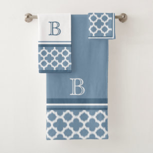 Custom Bermuda Grey Blue White Ikat Quatrefoil Art Bath Towel Set
