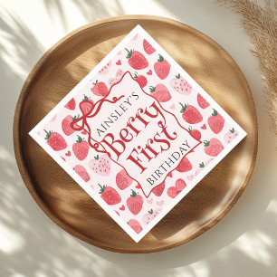 Custom Berry First Coquette Pink Bow 1st Birthday Napkin