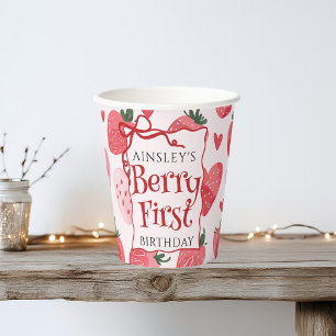 Custom Berry First Coquette Pink Bow 1st Birthday Paper Cups