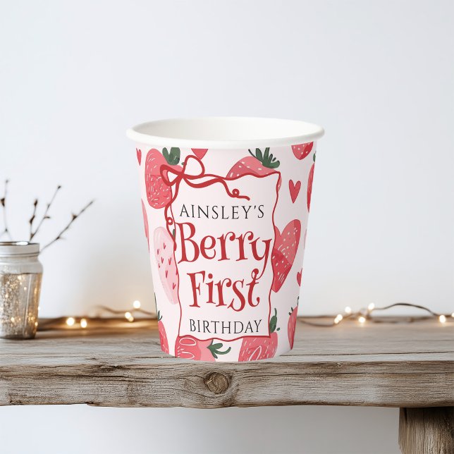Custom Berry First Coquette Pink Bow 1st Birthday Paper Cups (Creator Uploaded)