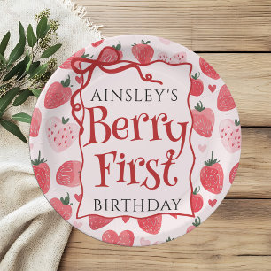 Custom Berry First Coquette Pink Bow 1st Birthday Paper Plate
