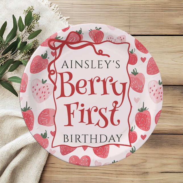 Custom Berry First Coquette Pink Bow 1st Birthday Paper Plate (Creator Uploaded)
