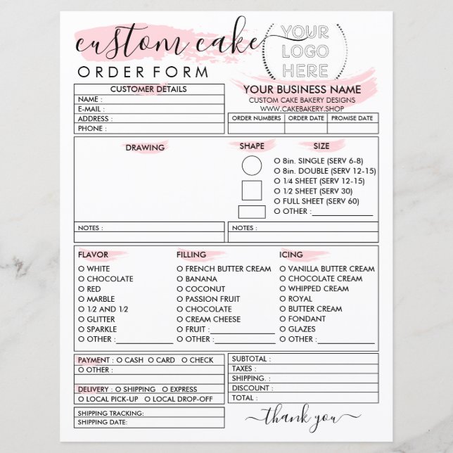 Custom Best Bakery Cake Order Form (Front)