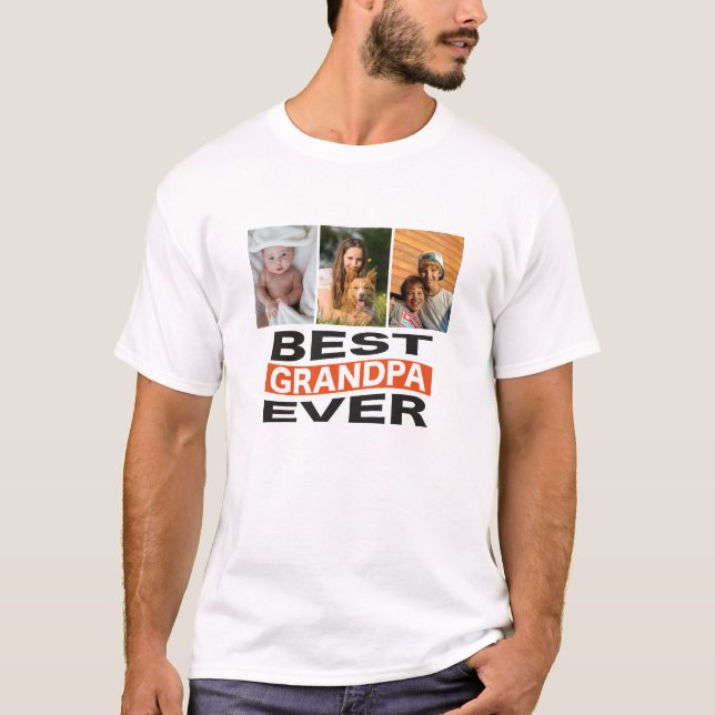 Custom Best Grandpa Ever 3 Photo Typography T-Shirt (Front)