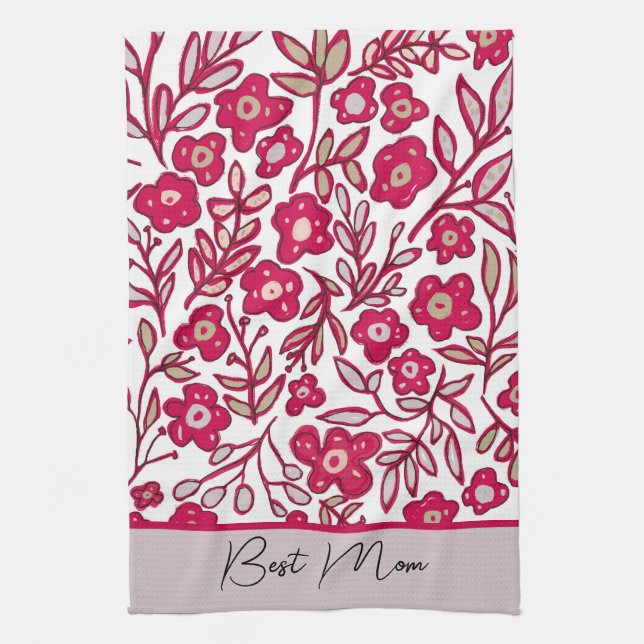 Custom Best Mum Boho Floral Red Grey Kitchen Towel (Vertical)