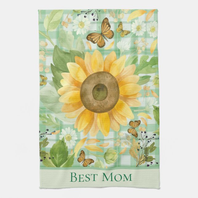 Custom Best Mum Green Gingham Sunflower Butterfly  Tea Towel (Vertical)