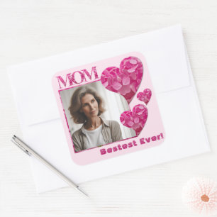 Custom Bestest Mum Ever Photo Floral Heart Pink Square Sticker
