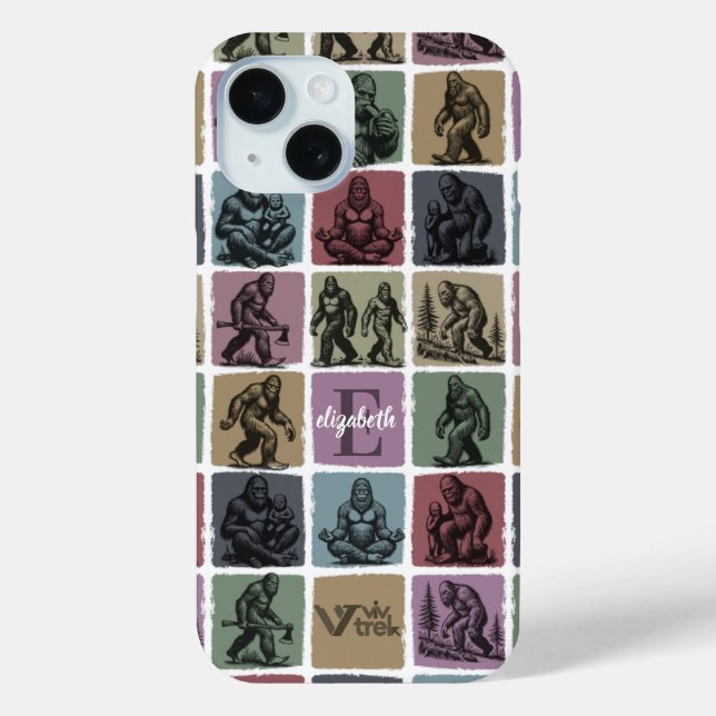 Custom Bigfoot Name Initial Retro Forest Art Case-Mate iPhone Case (Back)