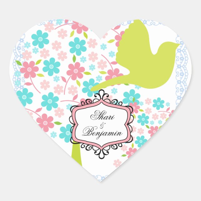 Custom Bird and Blossoming Trees Heart Stickers (Front)