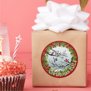 Custom Birds In Snow Pine Needles Red Berries Classic Round Sticker