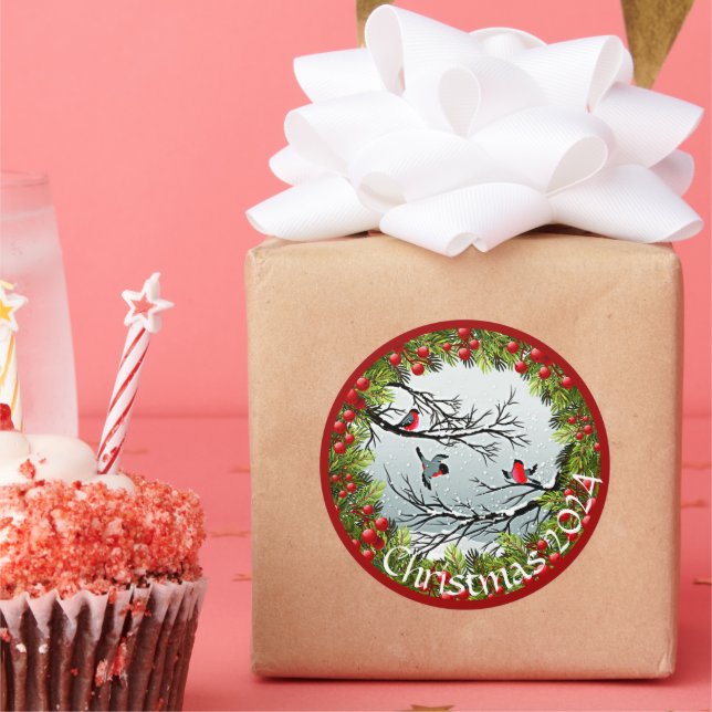 Custom Birds In Snow Pine Needles Red Berries Classic Round Sticker (Party)