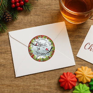 Custom Birds In Snow Pine Needles Red Berries Classic Round Sticker