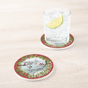 Custom Birds In Snow Pine Needles Red Berries Coaster