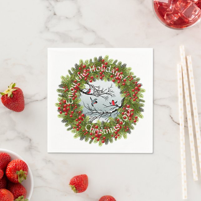 Custom Birds In Snow Pine Needles Red Berries Napkin (Insitu)
