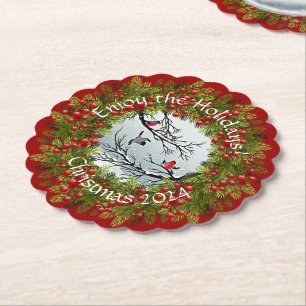 Custom Birds In Snow Pine Needles Red Berries Paper Coaster