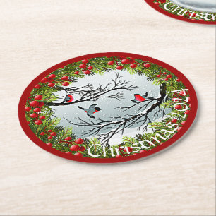 Custom Birds In Snow Pine Needles Red Berries Round Paper Coaster