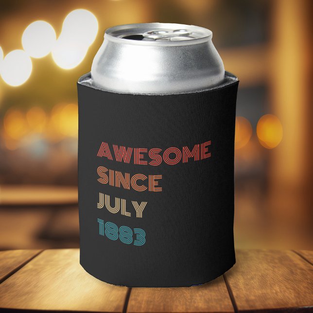 Custom Birth Year Birthday Party Retro Awesome Can Cooler (A soda can in a dark can cooler on a wooden table, reading "Awesome Since July 1983 in colorful text)