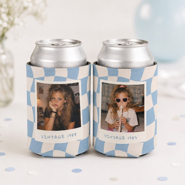 Custom Birthday 2 Throwback Photos Blue Chequered Can Cooler (Blue wavy checker birthday can cooler with customizable vintage year and throwback photo.
)